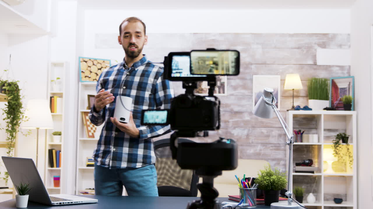 Man creating video content in a home studio