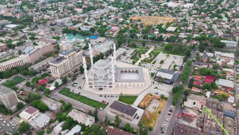 aerial drone fly the imam sarakhsi central mosque in bishkek, kyrgyzstan, establishing panoramic