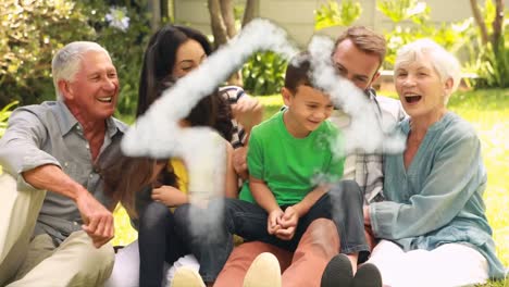 Animation-of-smoke-trails-over-caucasian-family-smiling