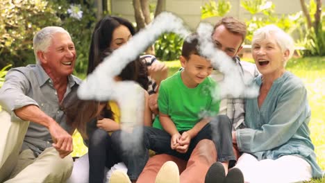 animation of smoke trails over caucasian family smiling