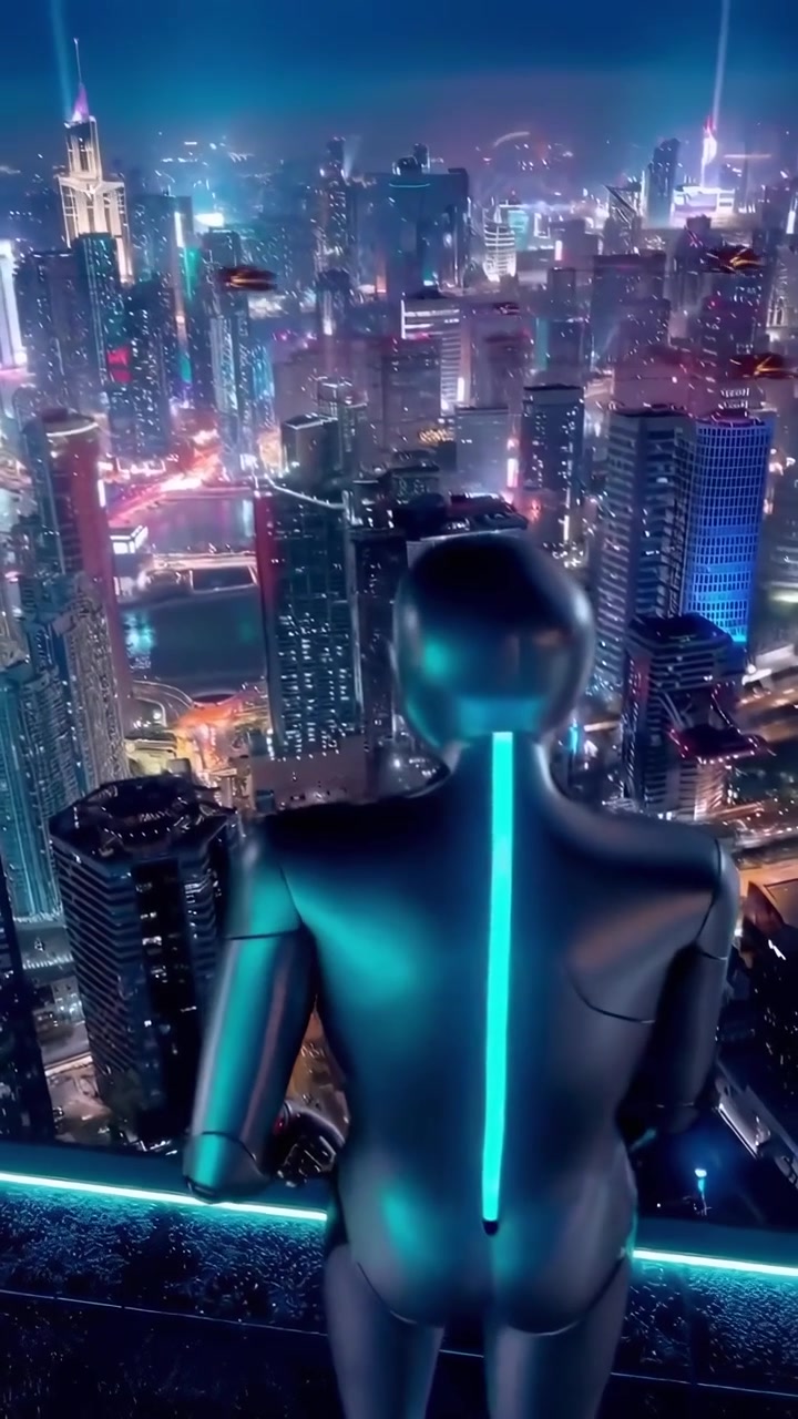 Robot futuristico in piedi su un tetto che si affaccia su una città cyberpunk di notte