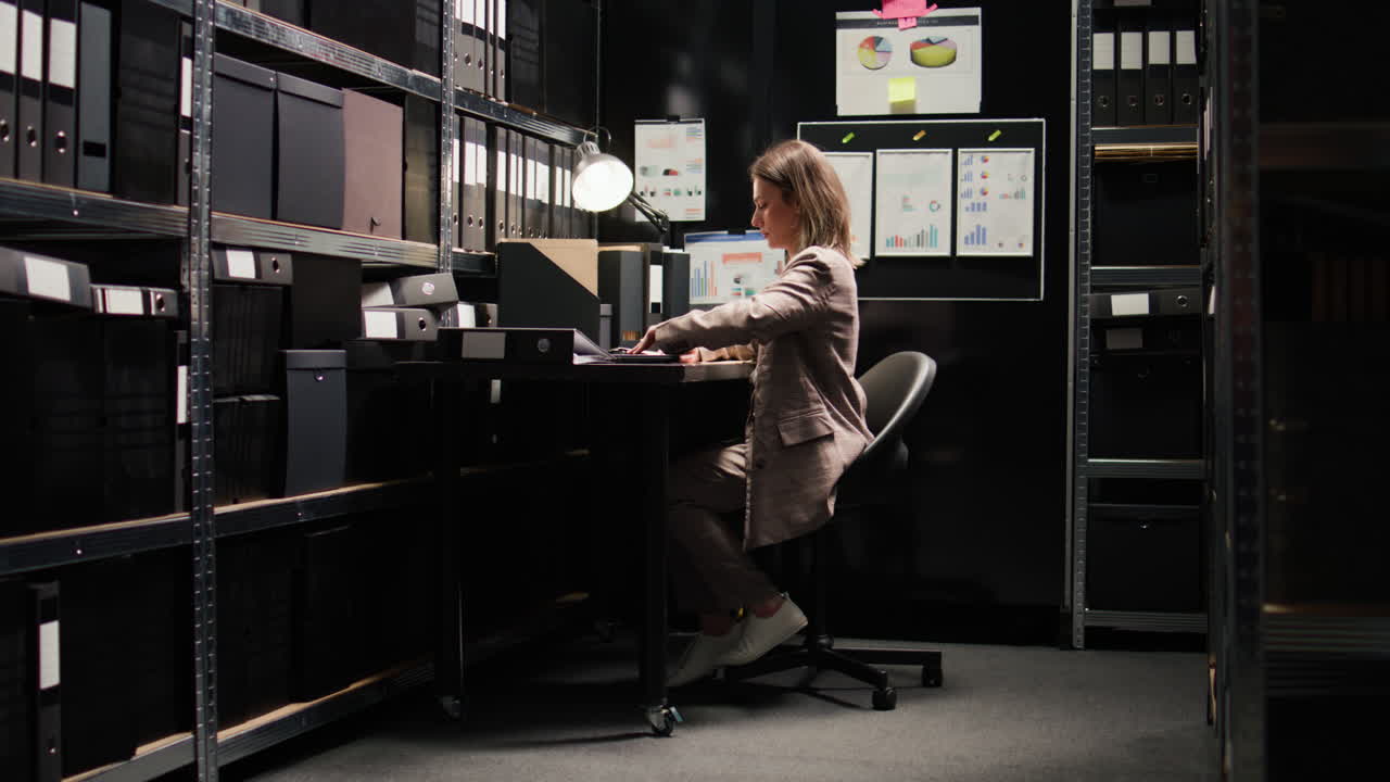 Woman working with files in an office archive