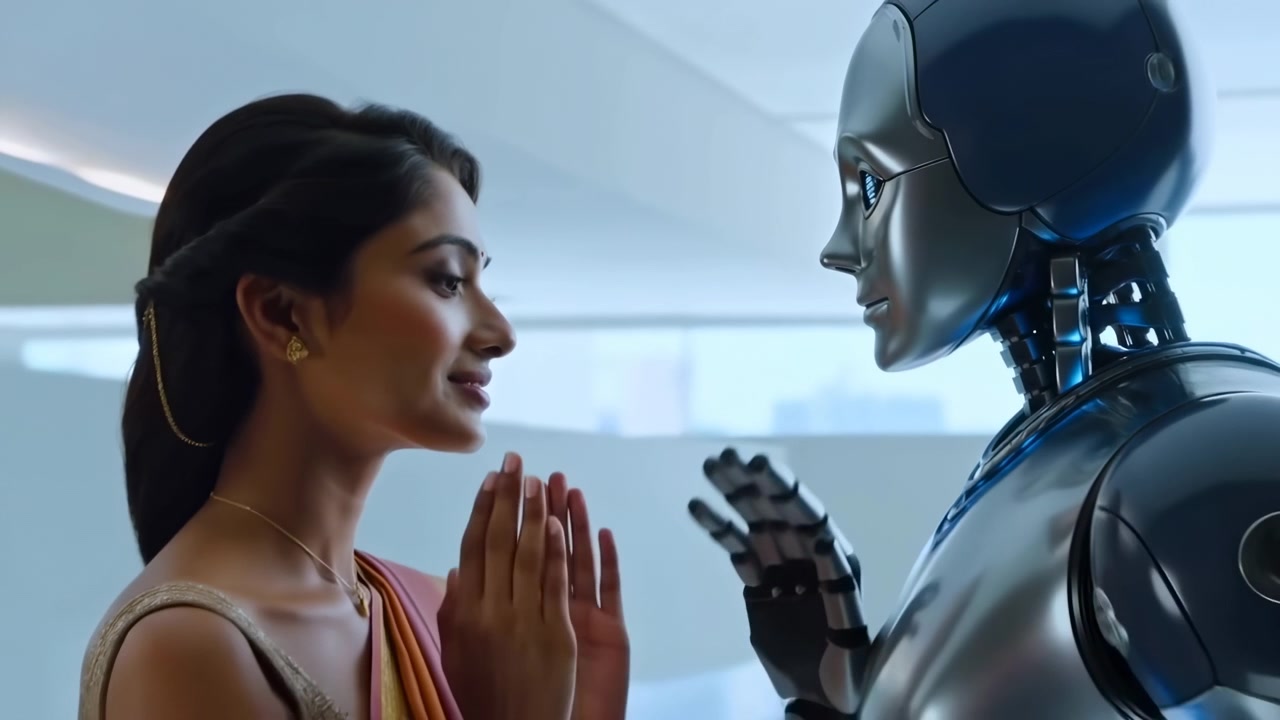 Una vista laterale ravvicinata mostra una donna e un robot umanoide metallico che mantengono il contatto visivo prima che lei sollevi le mani unite e il robot alzi una mano accanto a lei in uno spazio interno pulito.