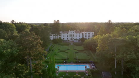 aerial view of geneva on the lake hotel resort during sunset in geneva, ny, united states.
