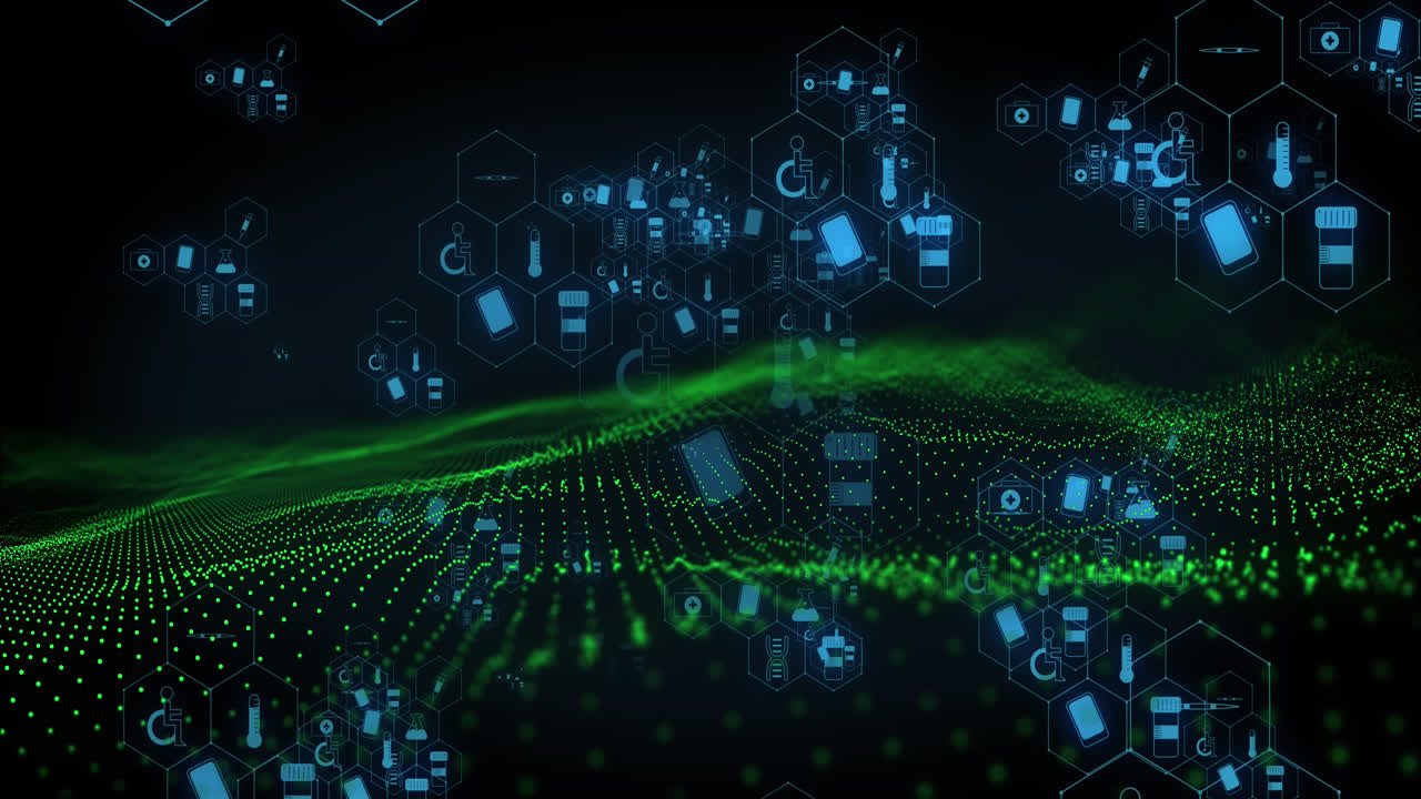 animación de iconos médicos y procesamiento de datos sobre fondo negro