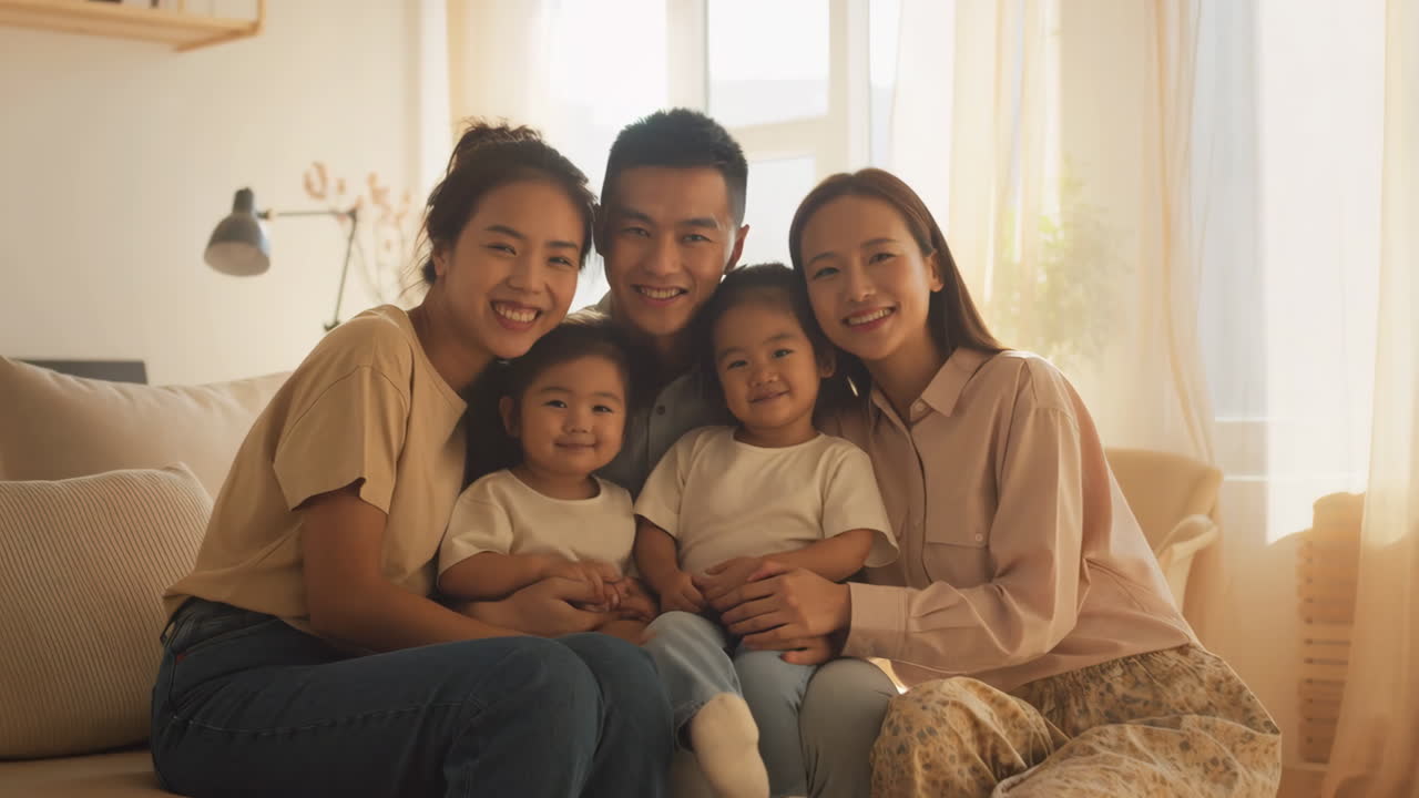 Happy Asian Family with Two Young Children Smiling on Sofa at Home