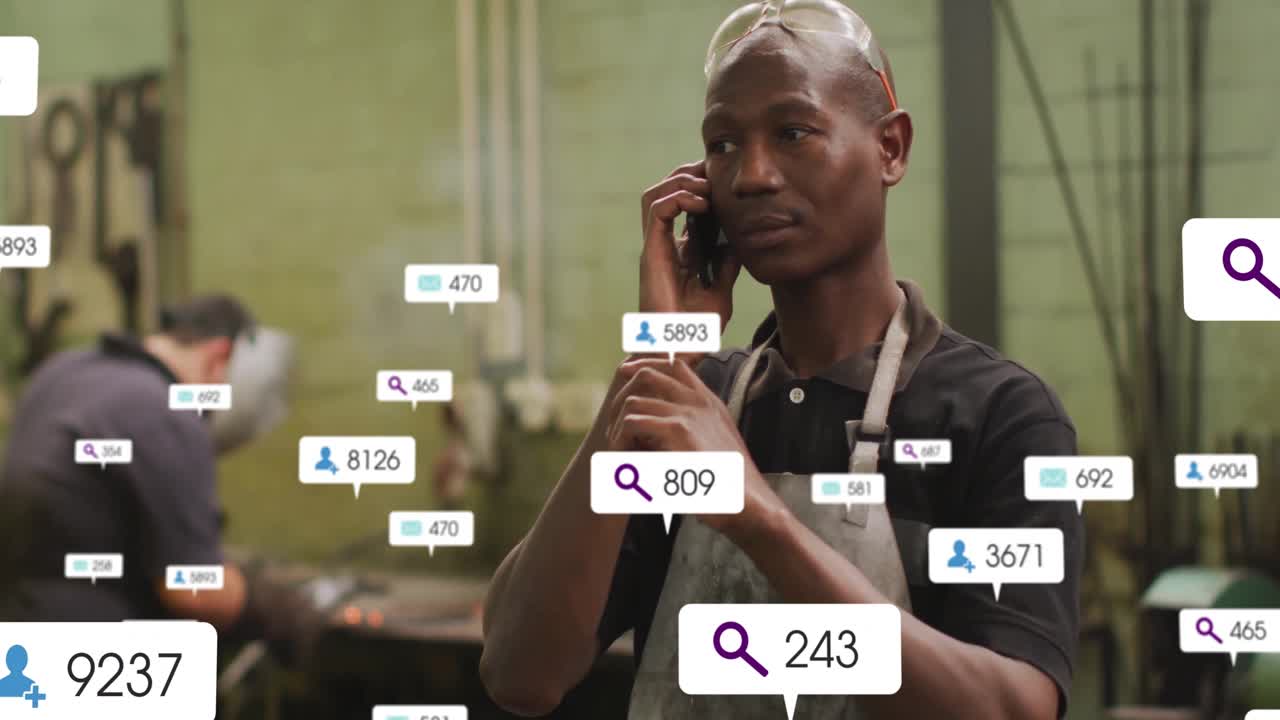 Talking on phone, factory worker surrounded by social media search animation