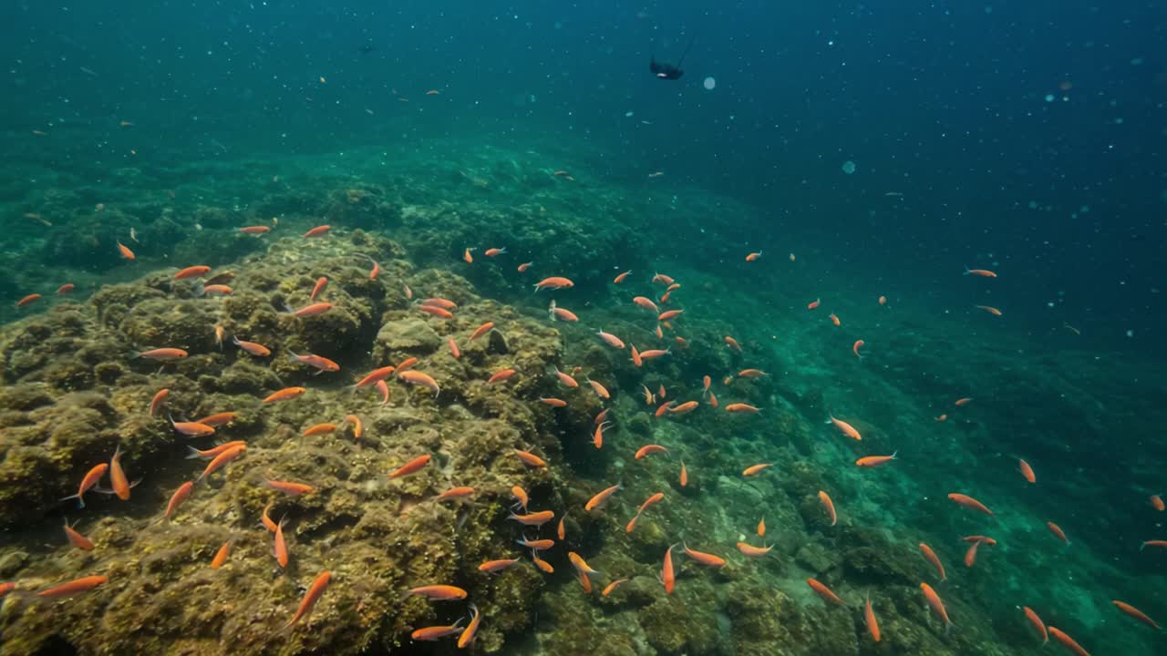 A Vibrant Underwater Scene Showcasing Colorful Fish Swimming Over a Rocky Ocean Floor, Highlighting Marine Life and Natural Habitat in a Serene Environment