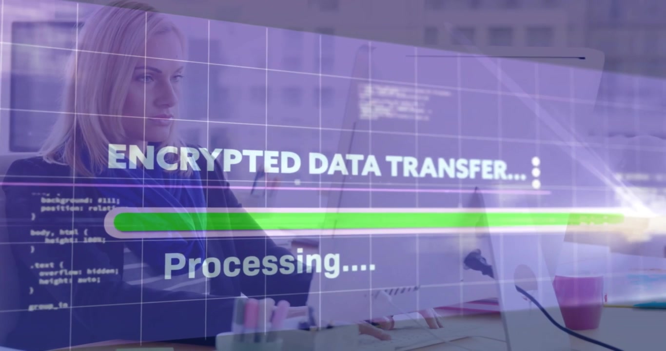 Technology office worker initiating encrypted transfer at computer, watching progress bar expanding
