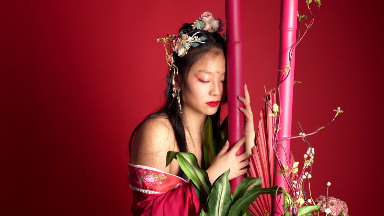 Portrait of an Asian Woman with Floral Headpiece