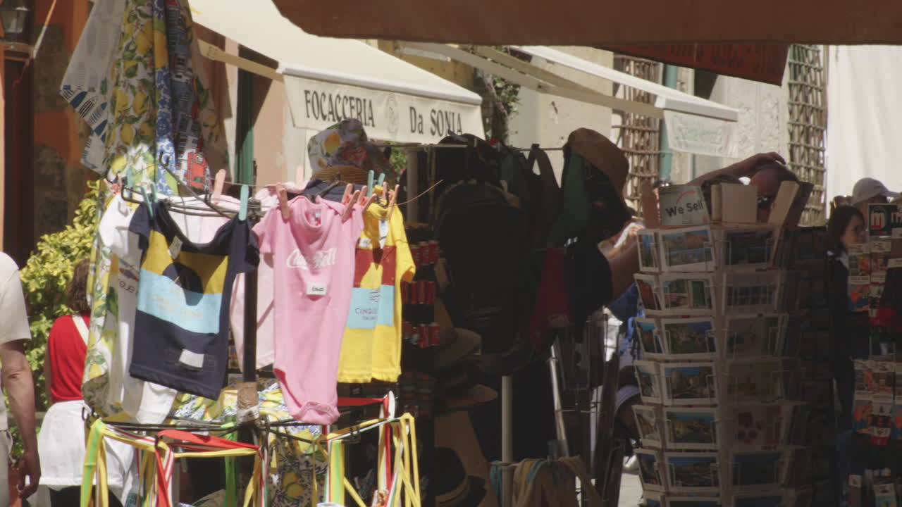 Stall Shops On The Main Street Of Vernazza In Cinque Terre, Italy. Slow Motion Shot