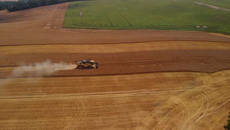 Aerial-wide-shot-harvester-machine-reaping-Wheat-on-big-farm-field