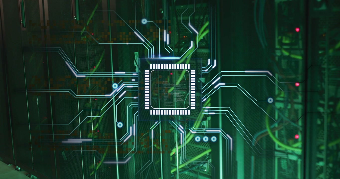 Chip graphic pulsing growing over racks and cables, center square starting traces to map technology