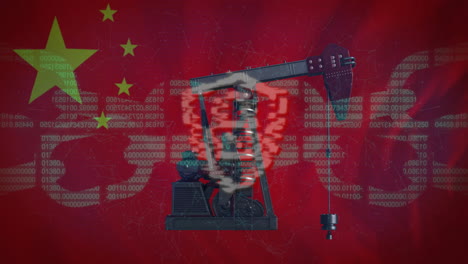 animation of chain, padlock icon and pumping oil derrick over flag of china