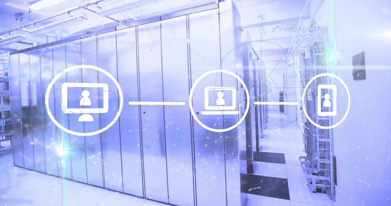 Animation of media icons over server room