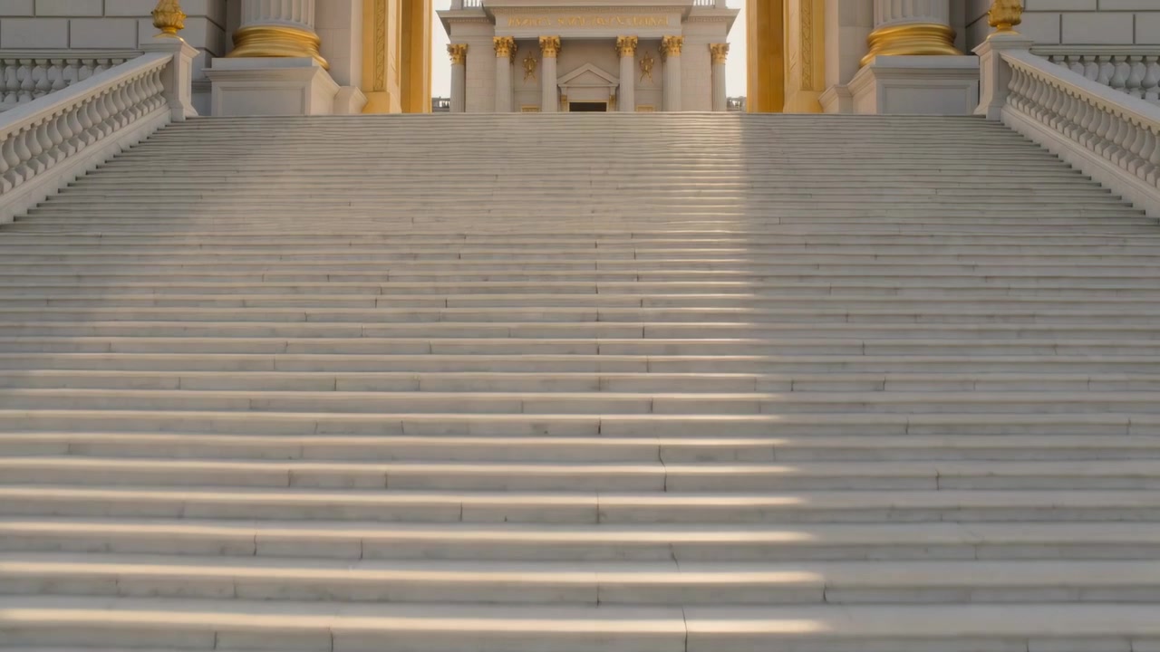 Enquadrando escadas largas de mármore na base de um pórtico colunado com acabamento dourado revelando uma silhueta