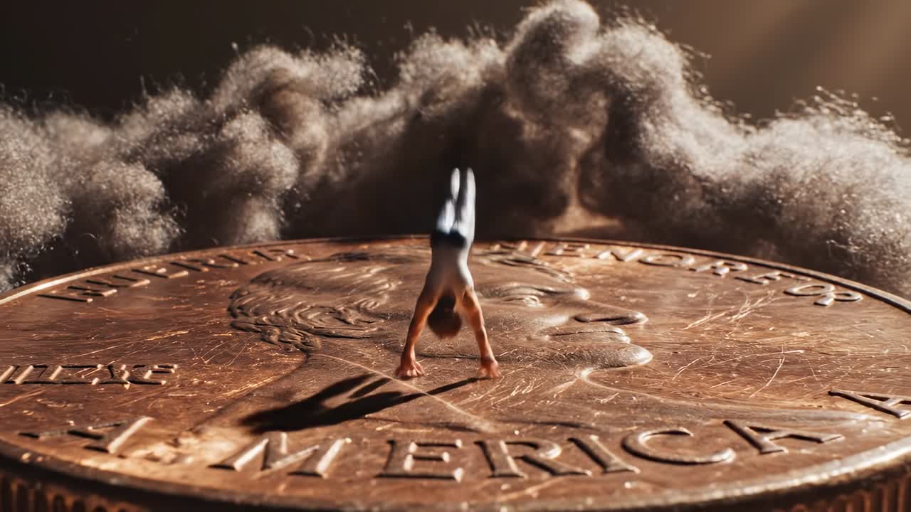 Statuetta in miniatura che fa una verticale su un penny gigante