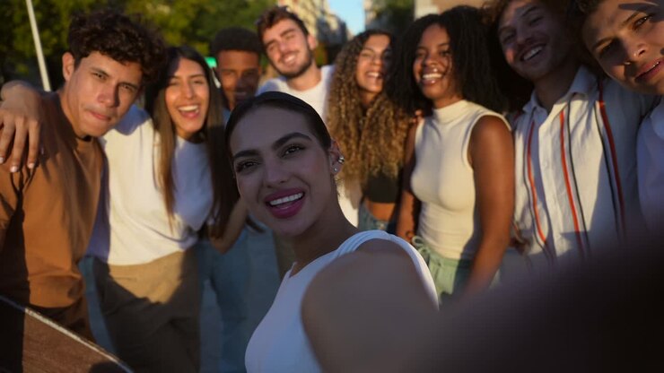 Gruppo eterogeneo di giovani amici che si fanno un selfie insieme