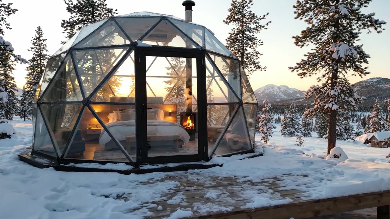 Una splendida cabina a cupola di vetro circondata da una natura selvaggia e innevata al tramonto: un rifugio idilliaco nella natura con interni accoglienti e viste panoramiche.