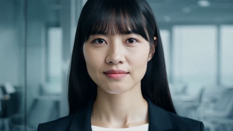 young asian businesswoman transitioning from a neutral expression to a warm smile, showcasing confidence and professionalism