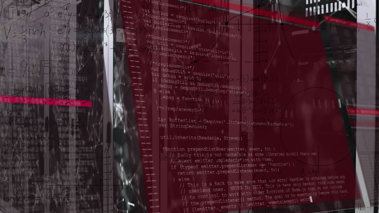 animación del lenguaje informático y la ecuación matemática sobre puntos conectados en la sala del servidor