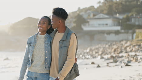 black couple, walking and beach with love
