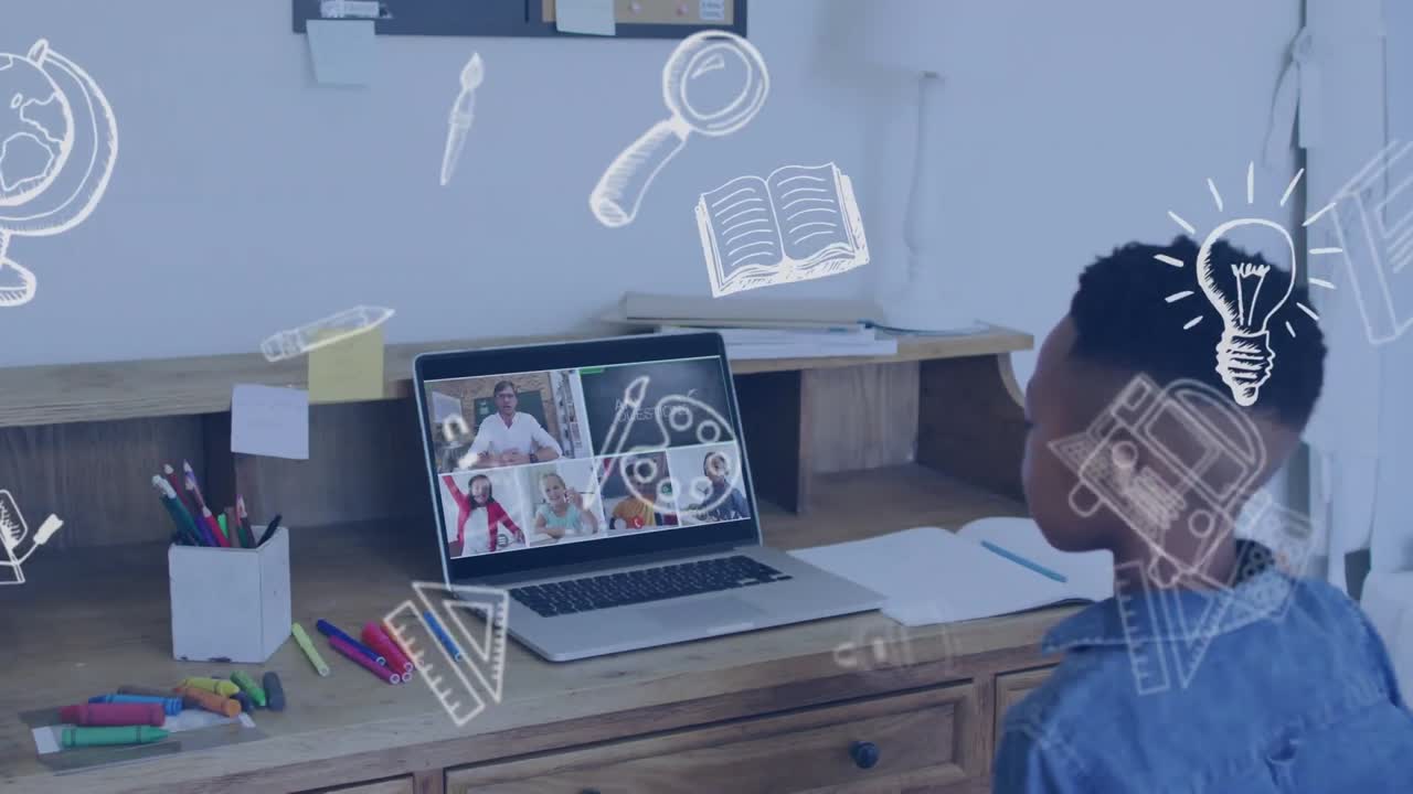 Animation of school icons over african american schoolboy on laptop online lesson