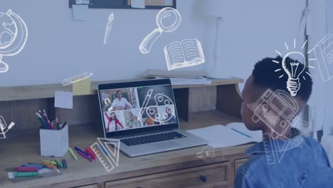 Animation-of-school-icons-over-african-american-schoolboy-on-laptop-online-lesson