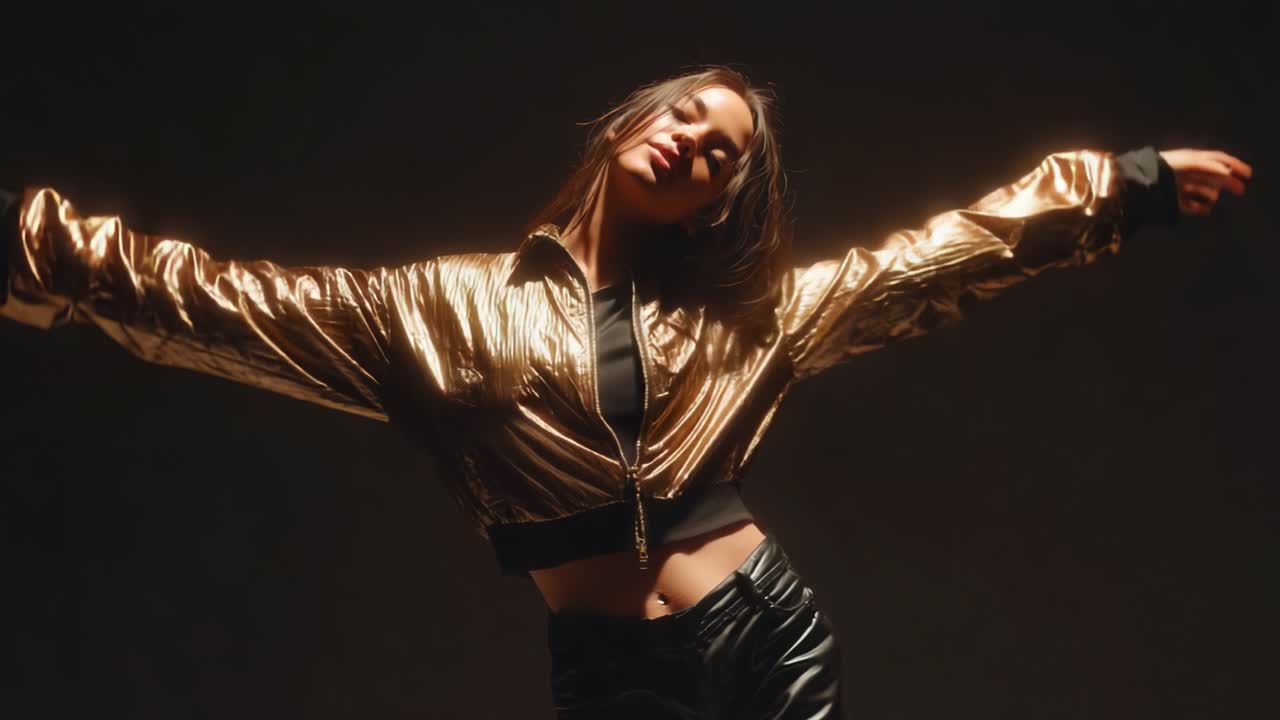 A captivating dance performance showcasing a stylish individual in a shimmering gold jacket, exuding confidence and grace, with dynamic poses and a dramatic, softly lit backdrop that enhances the stylish aura