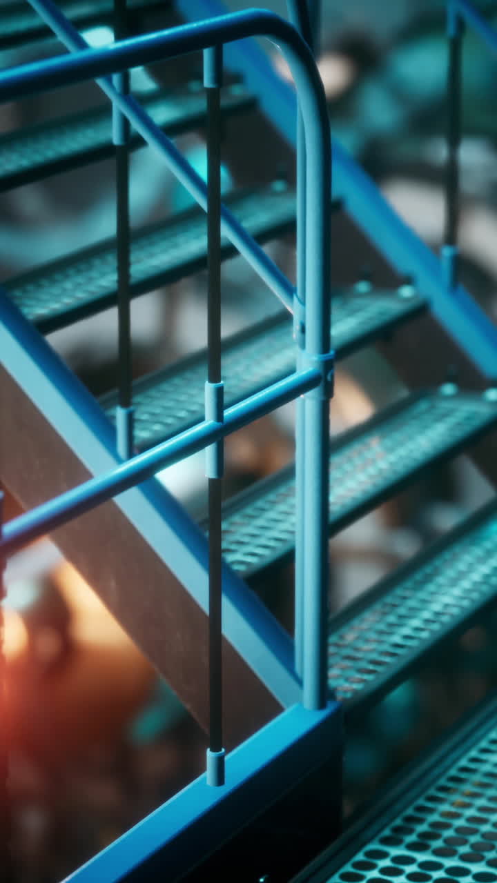 Close-up of a blue handrail and metal grate stairs