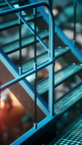 close-up of a blue handrail and metal grate stairs