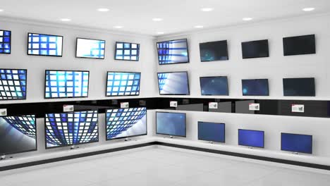 Interior-of-electronics-store-with-synchronized-video-playing-on-screens-of-multiple-televisions