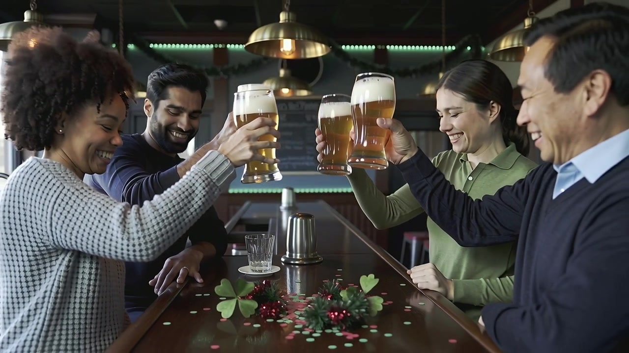 Klirrende pilsnerglas, fire venner løfter dem i baren, fejrer, snakker med kløverkonfetti