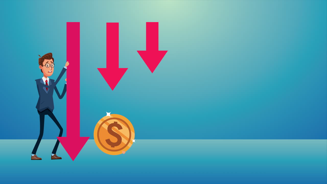 elegante hombre de negocios con flecha hacia abajo y personaje de moneda animado