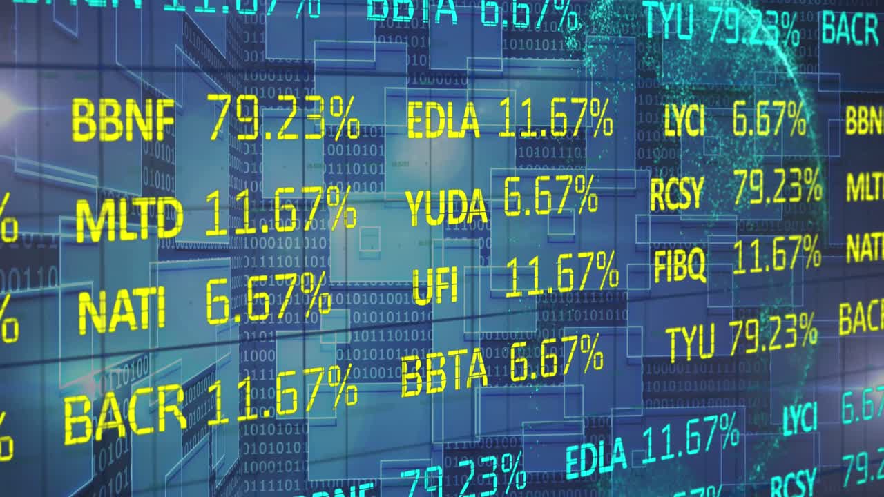 Animation of stock market and binary coding over black background