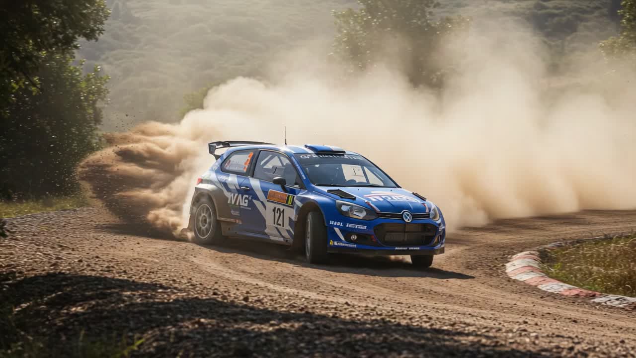 High-Speed Rally Car Racing Through Dusty Terrain, Showcasing Skillful Drifting and Off-Road Performance in a Challenging Environment Under Natural Lighting