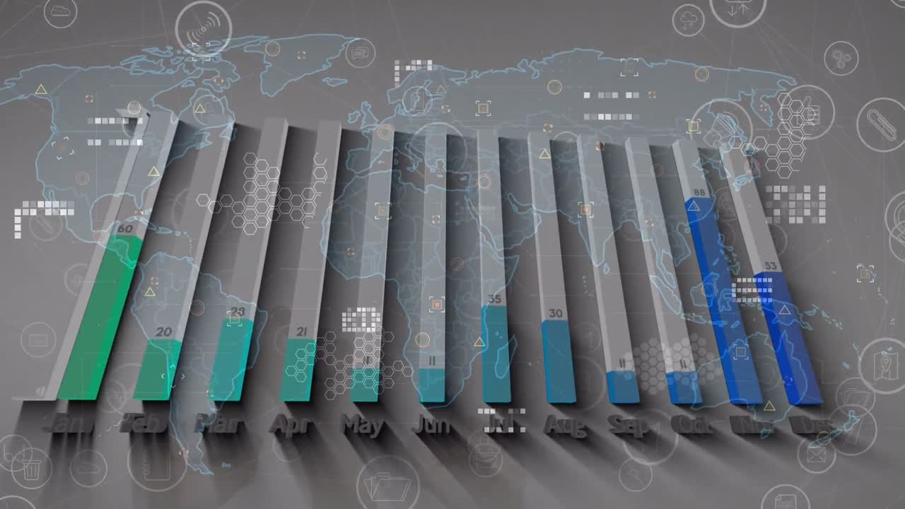 animación del procesamiento de datos y mapa del mundo sobre fondo blanco
