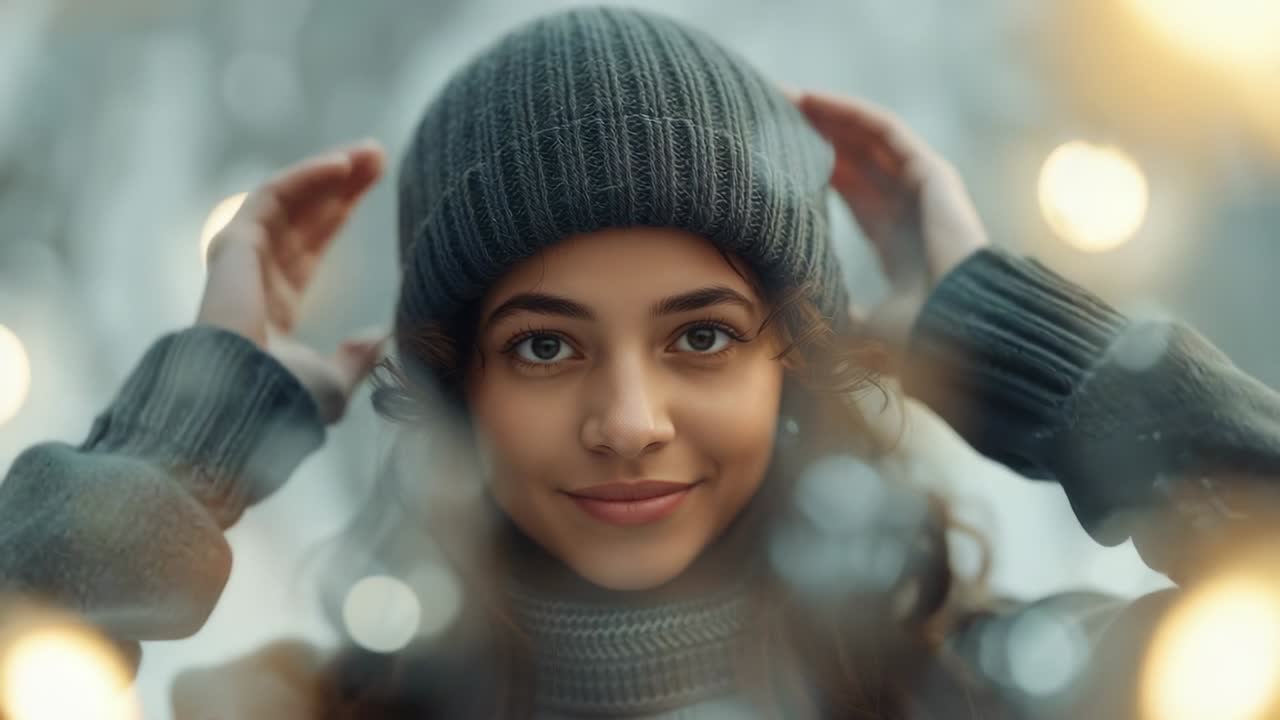 Feeling knit beanie slipping, woman adjusting hat, smoothing curls and smiling outside with lights