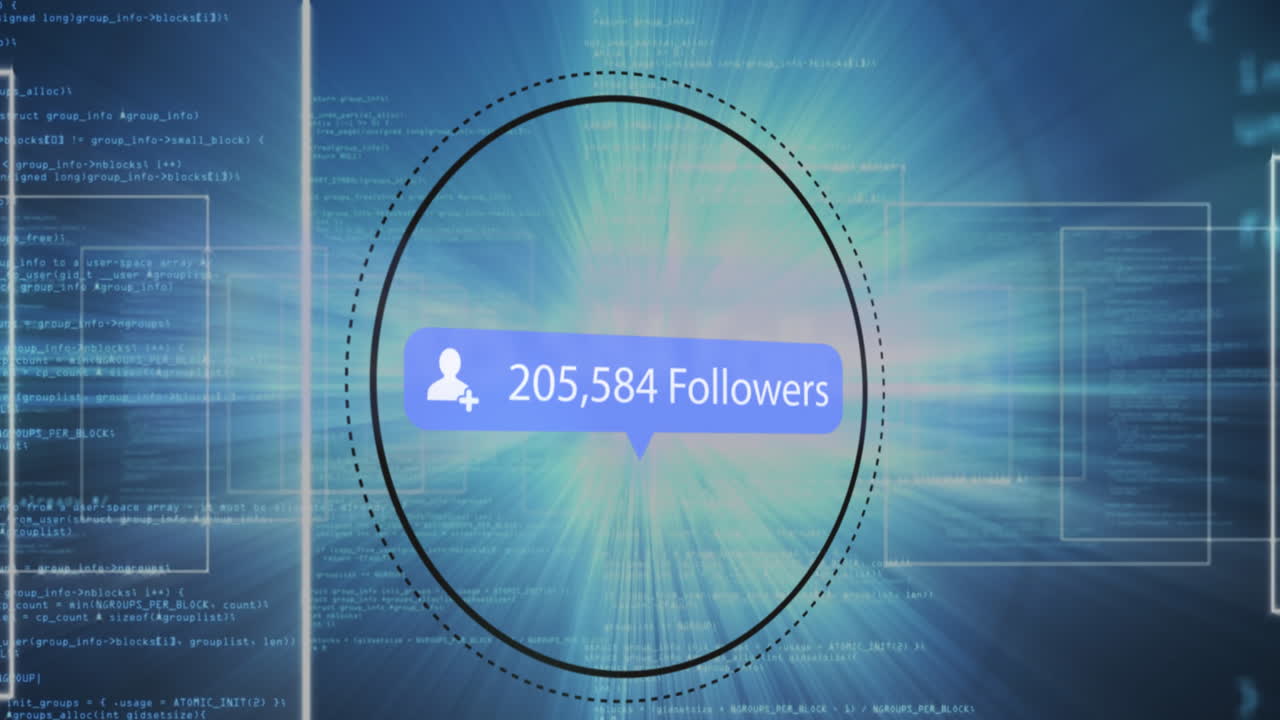 animación de iconos de perfil con seguidores crecientes contra el procesamiento de datos y puntos de luz.