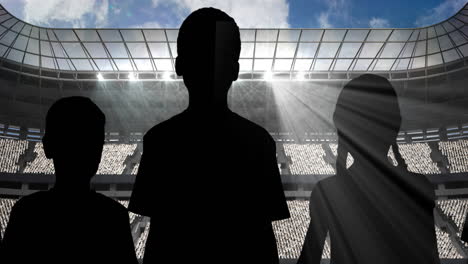 animation of silhouettes of sports fans cheering over sports stadium