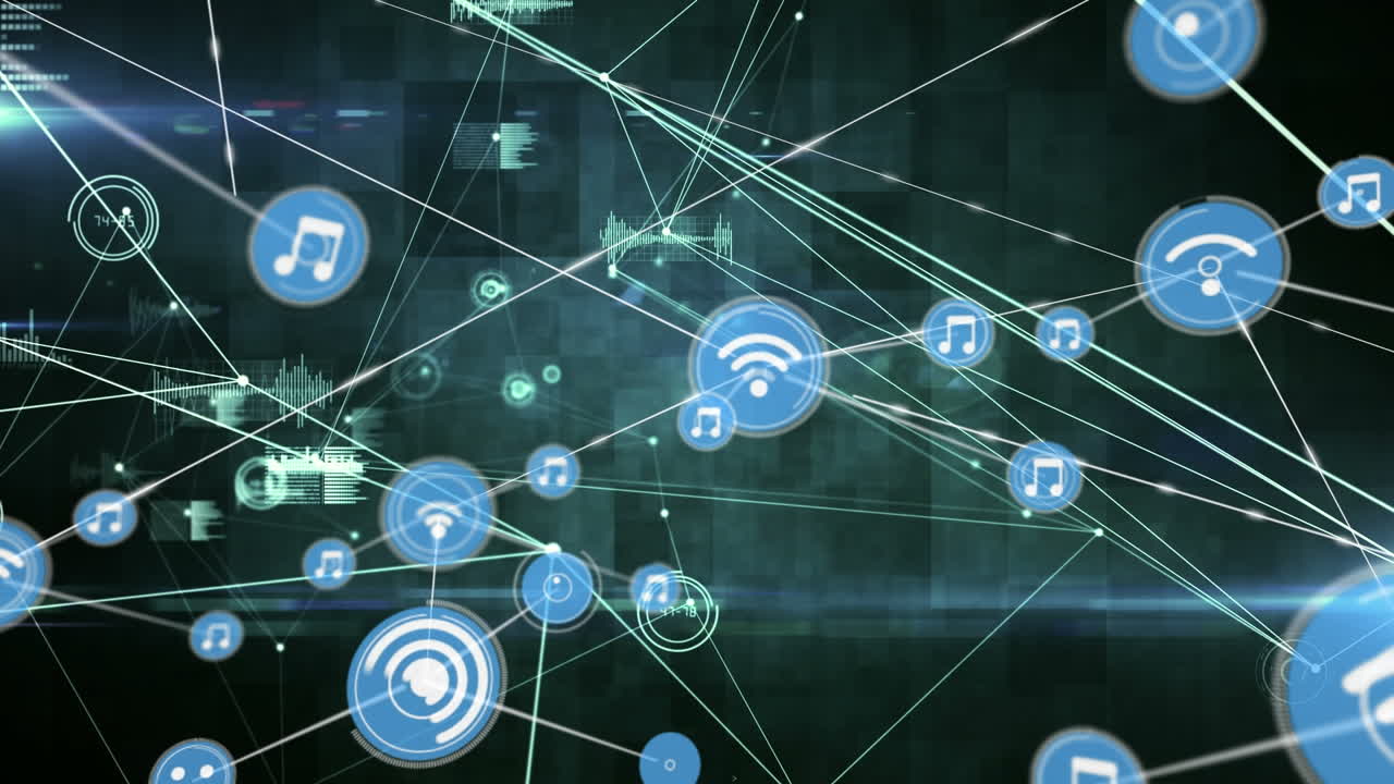 animación de la red de conexiones con iconos sobre puntos brillantes