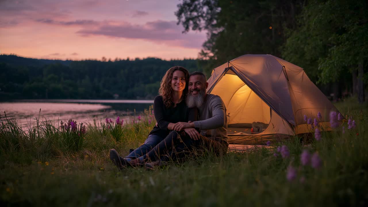 Moving couple in camp gear adjusting, embracing at shore with lit tent frames passing facing camera