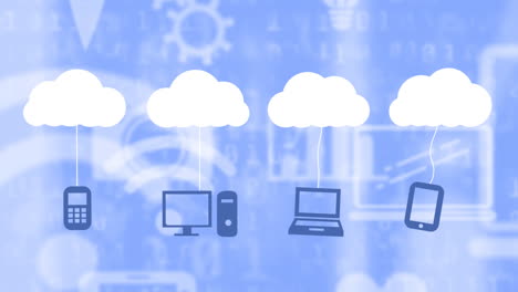 animación de iconos en línea y nubes digitales con dispositivos electrónicos sobre fondo azul