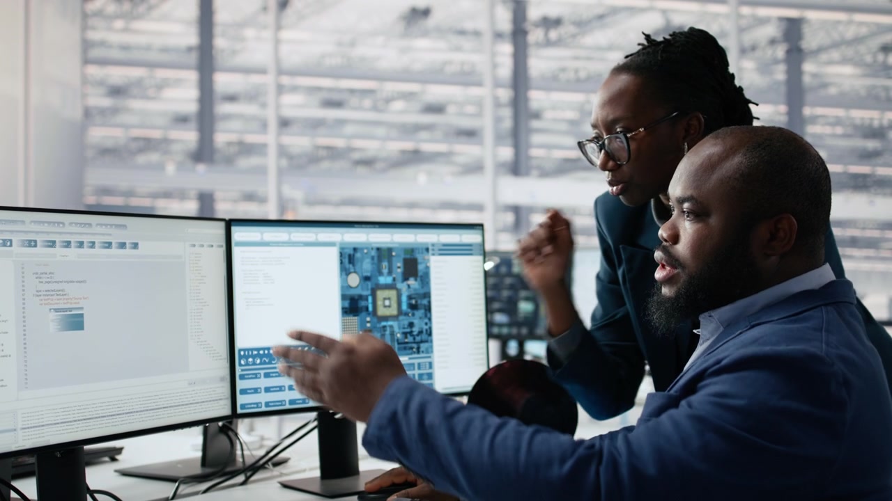 African American Business Professionals Collaborating on Computer Code