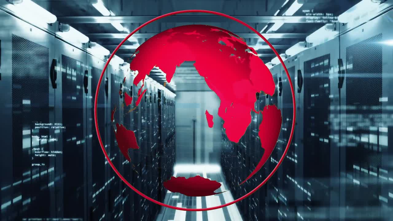 Animation of data processing and globe over server room