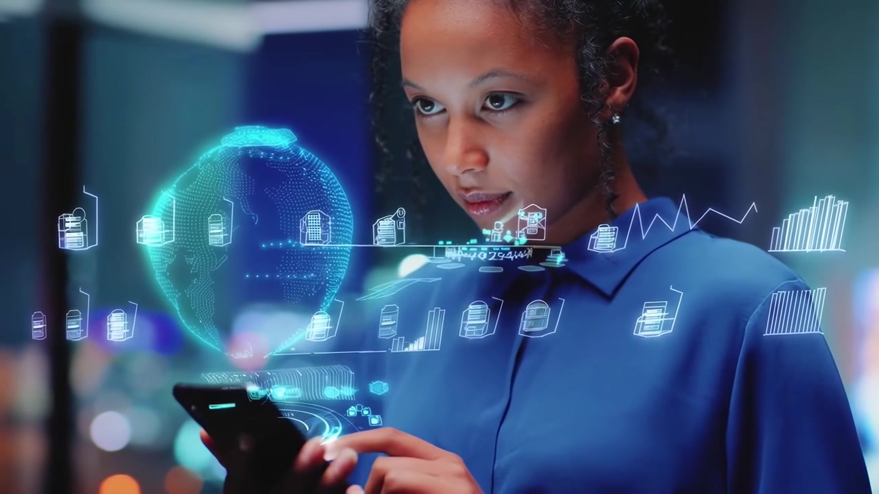 Businesswoman Interacting with Augmented Reality Data Interface on Smartphone