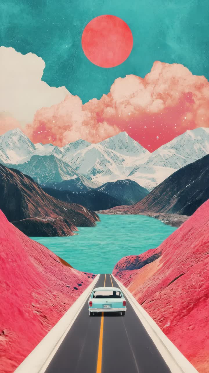 Concept di video surreale con un'auto rétro che guida attraverso un paesaggio colorato e onirico