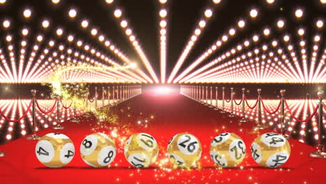 animación de fuegos artificiales amarillos sobre bolas de lotería doradas en el lugar de la alfombra roja