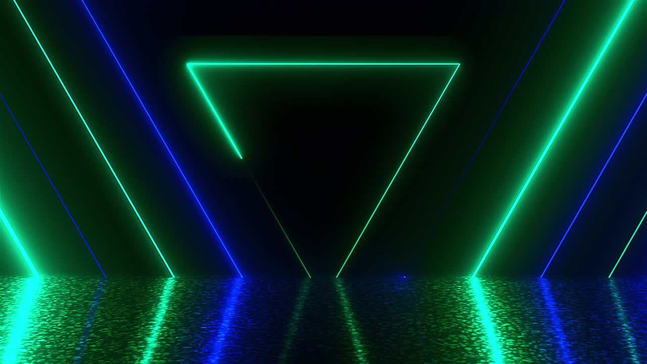 molti triangoli al neon nello spazio, sfondo generato da computer astratto, rendering 3d