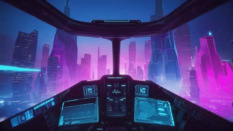futuristic spaceship cockpit overlooking a neon city